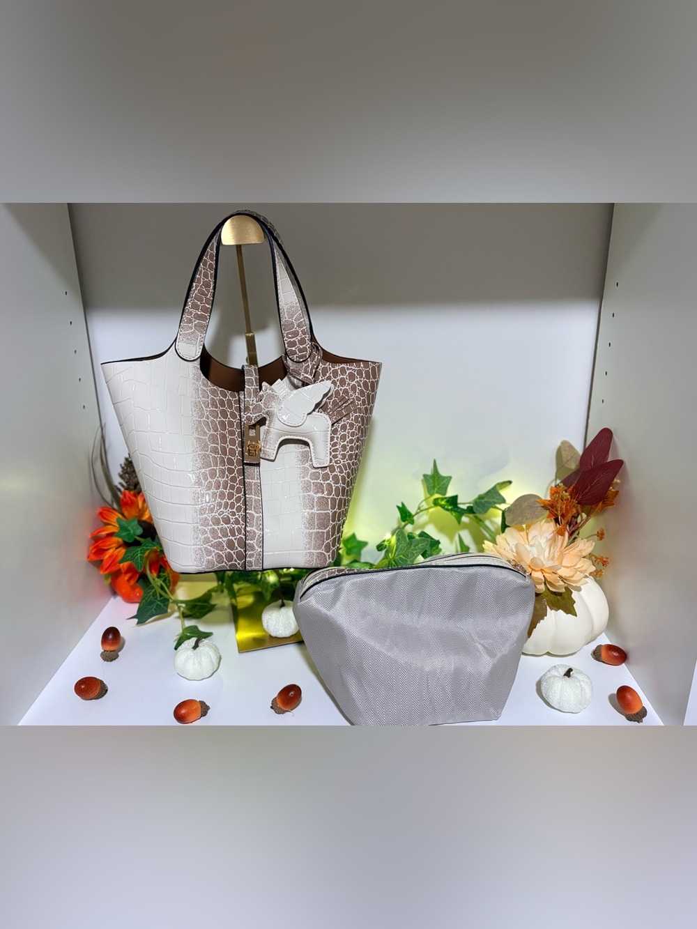 Croc-Embossed Two-Tone Tote Bag with Charm - White & Taupe